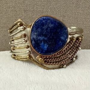 Vintage Brutalist Artisan Lapis Mixed Metals Brass Copper Statement Cuff